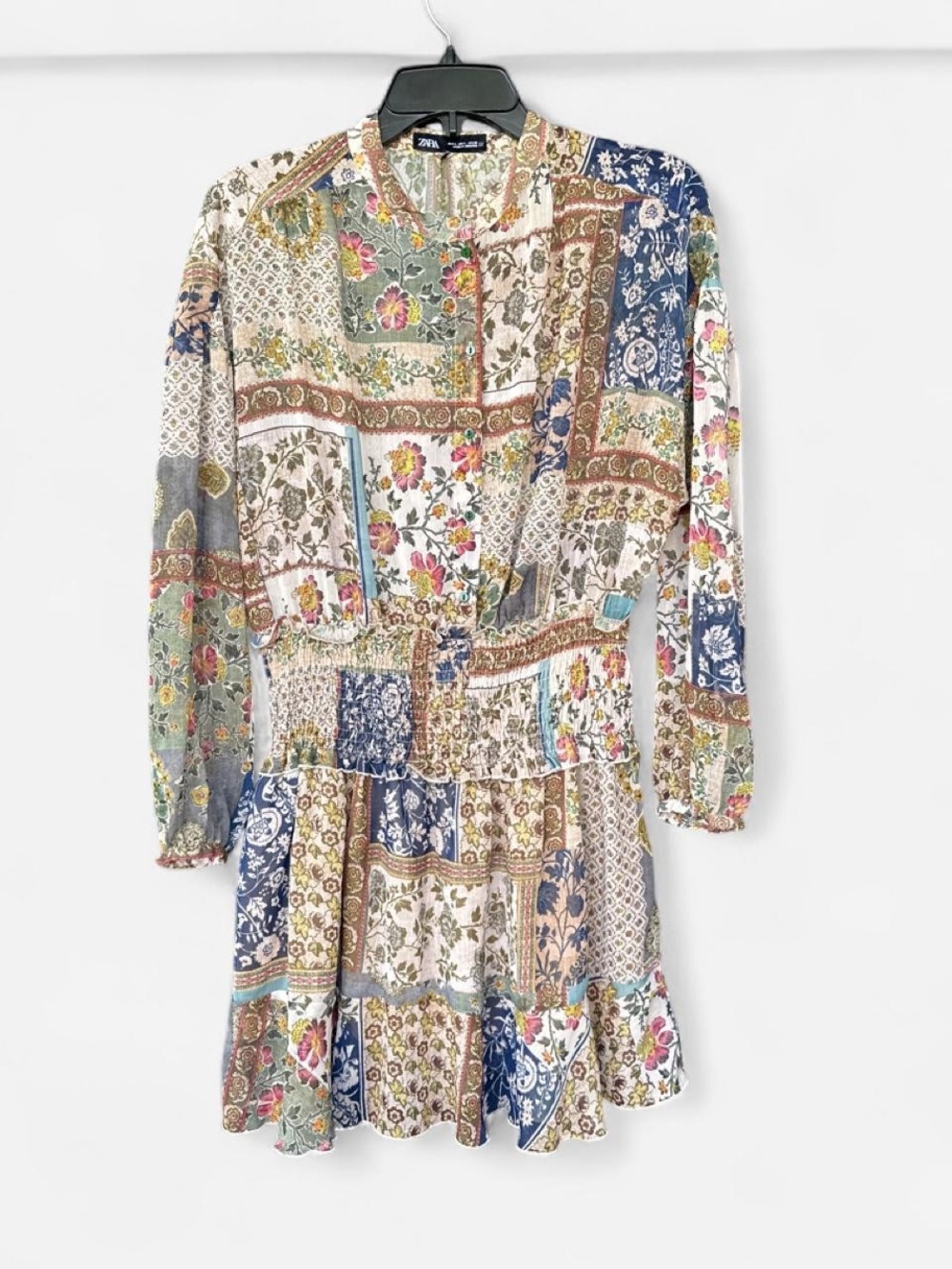 Zara Multicolor Patchwork Floral Long-Sleeve Dress